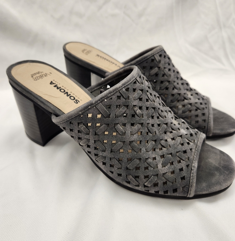 Sonoma Vitalize By Ortholite Open Toe Wedge Heel Gray Suede Woven Slip 8.5W